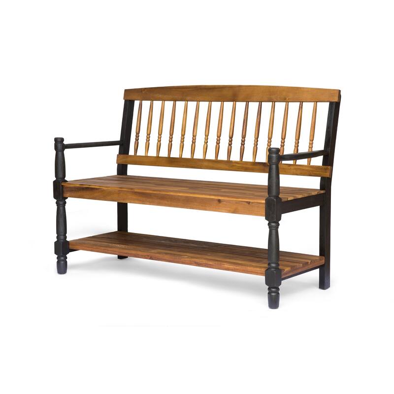 Imperial Outdoor Rustic Acacia Wood Bench with Shelf by Christopher Knight Home - teak/black