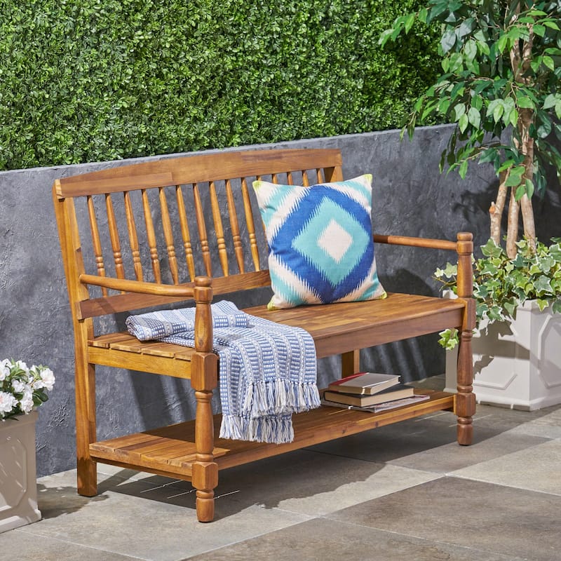 Imperial Outdoor Rustic Acacia Wood Bench with Shelf by Christopher Knight Home