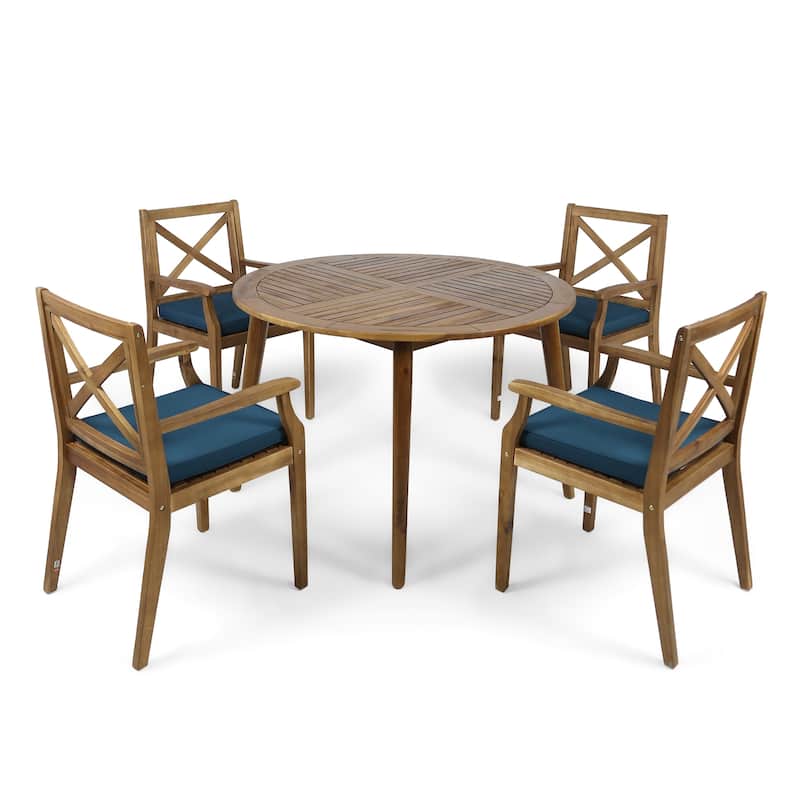 Pines Outdoor 5 Piece Acacia Wood Dining Set with Cushions by Christopher Knight Home - Blue