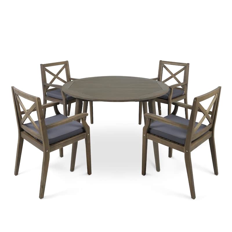Pines Outdoor 5 Piece Acacia Wood Dining Set with Cushions by Christopher Knight Home - Grey