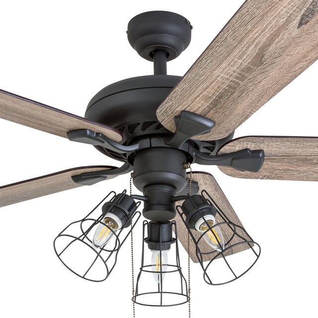 Prominence Home Lincoln Woods Farmhouse 52" Aged Bronze LED Ceiling Fan, Cage Industrial 3-Light