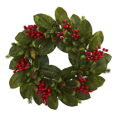 24" Magnolia Leaf, Berry and Pine Artificial Wreath