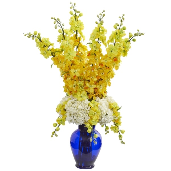 Nearly Natural Blue/White/Yellow Delphinium and Hydrangea Artificial Arrangement with Vase