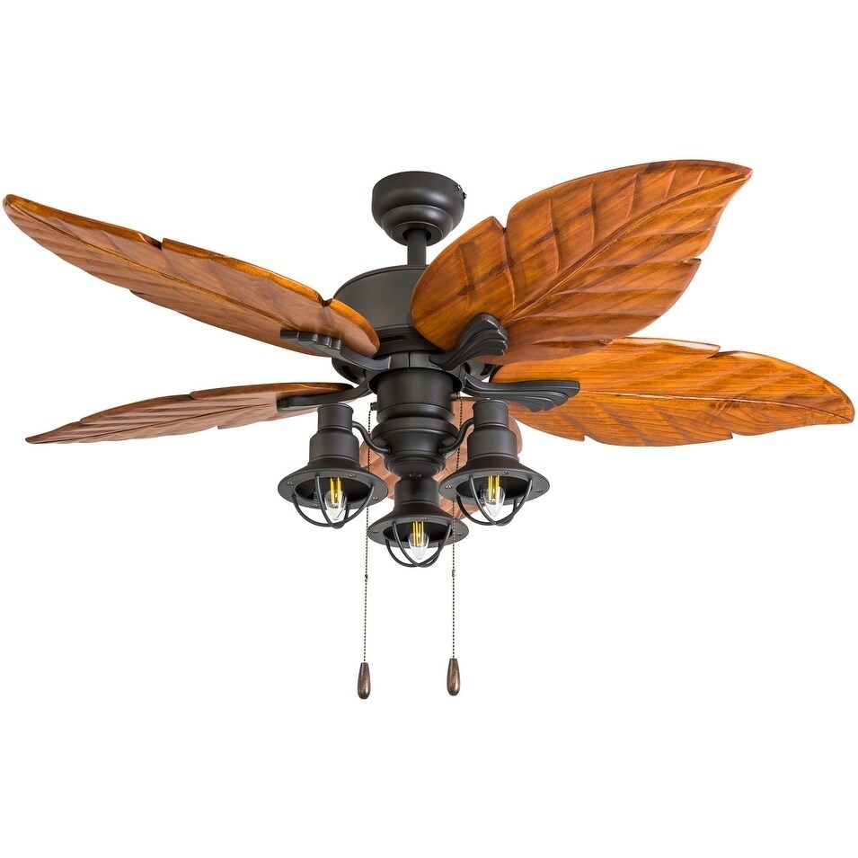 Prominence Home New Zealand Tropical 52 Bronze Led Ceiling Fan Lantern Light Dark Cherry Hand Carved Blades 3 Speed Remote