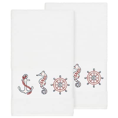 Authentic Hotel and Spa Turkish Cotton Nautical Embroidered White 2-piece Bath Towel Set