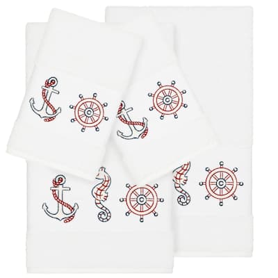 Authentic Hotel and Spa Turkish Cotton Nautical Embroidered White 4-piece Towel Set