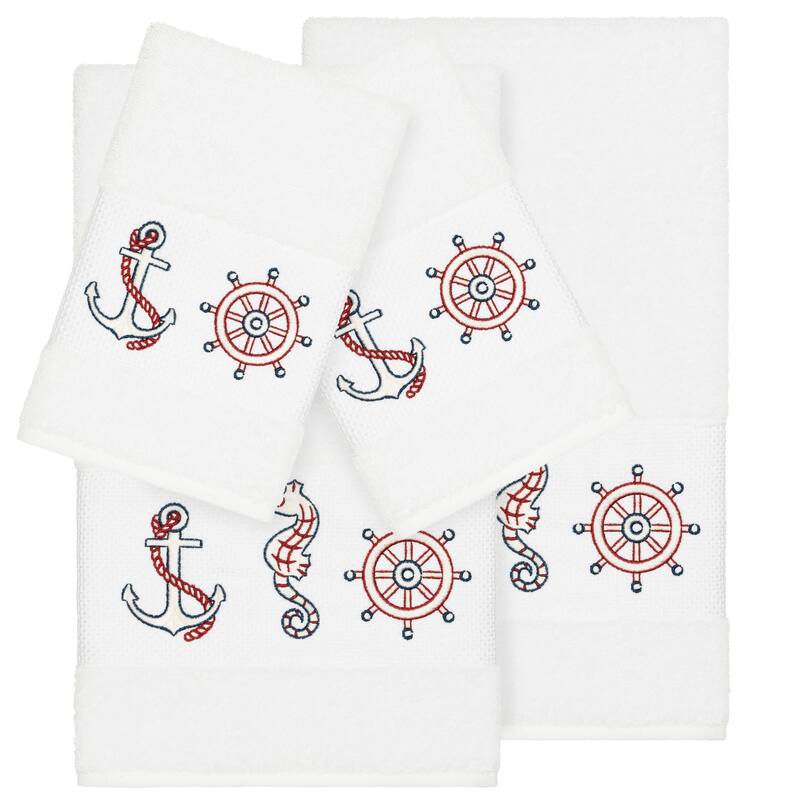 Authentic Hotel and Spa Turkish Cotton Nautical Embroidered White 4-piece Towel Set