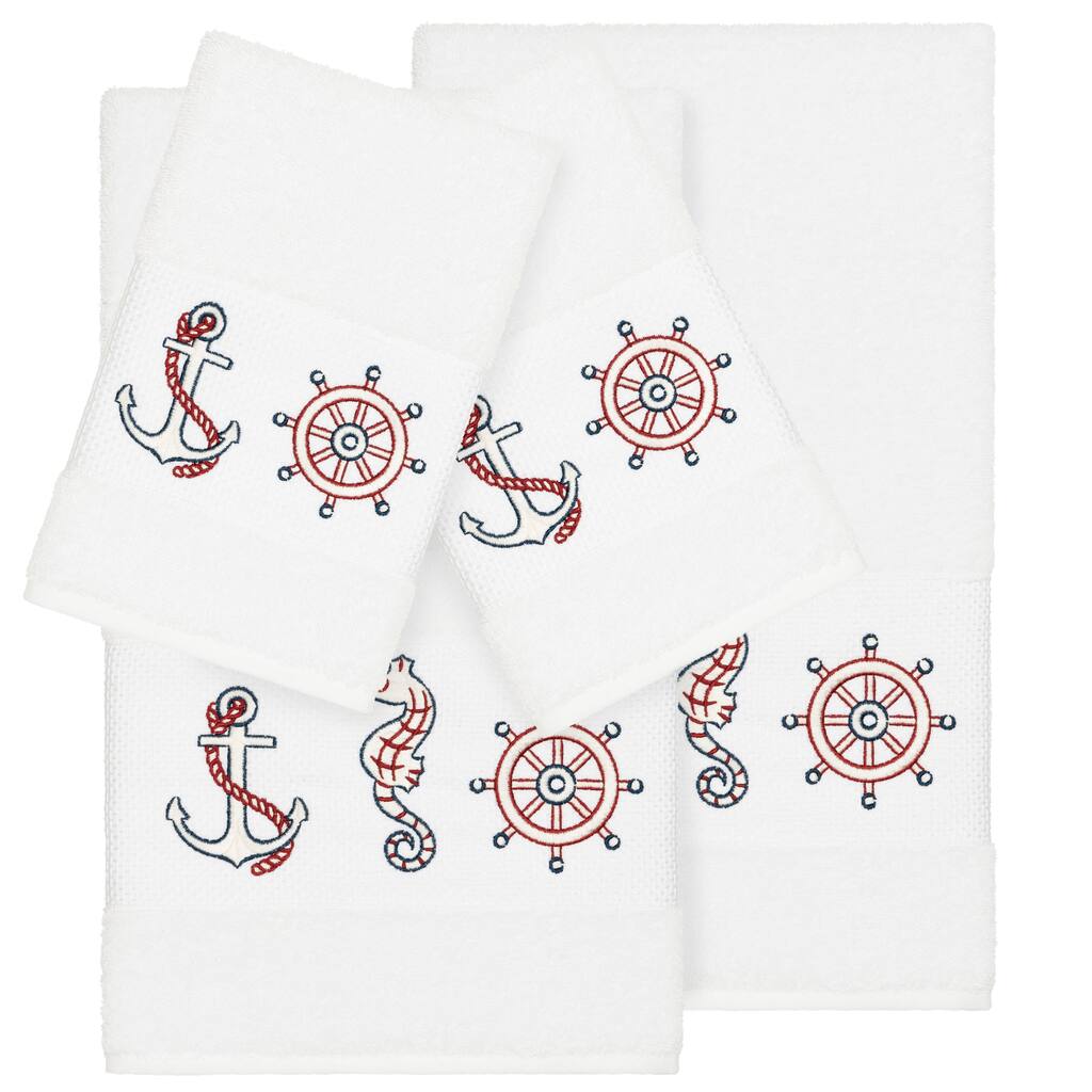Authentic Hotel and Spa Turkish Cotton Nautical Embroidered White 4-piece Towel Set