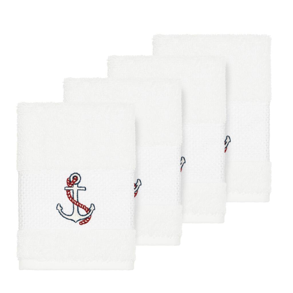 Authentic Hotel and Spa Turkish Cotton Nautical Embroidered White 4-piece Washcloth Set