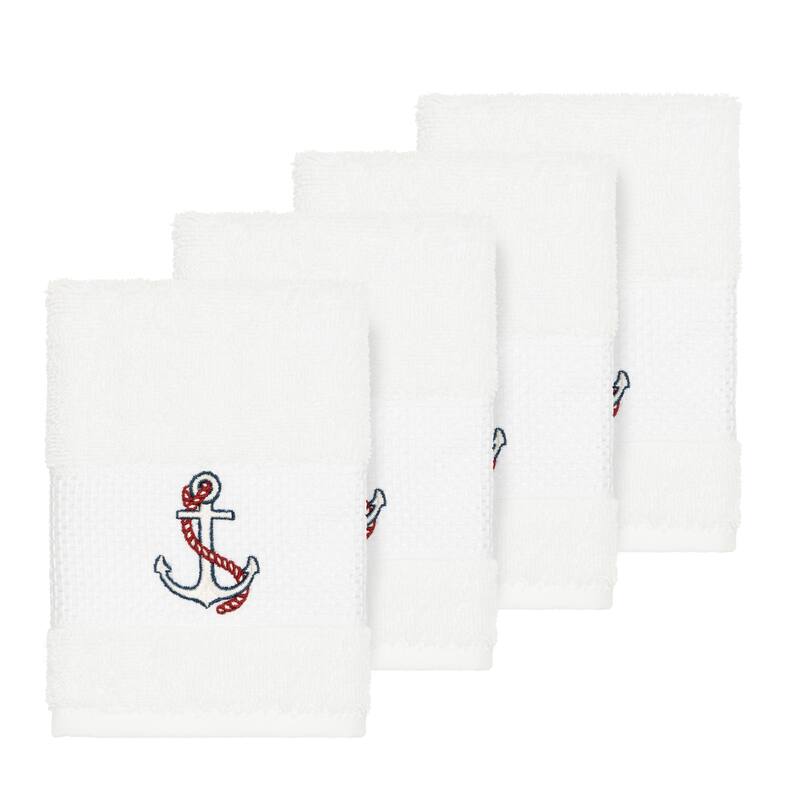 Authentic Hotel and Spa Turkish Cotton Nautical Embroidered White 4-piece Washcloth Set - N/A
