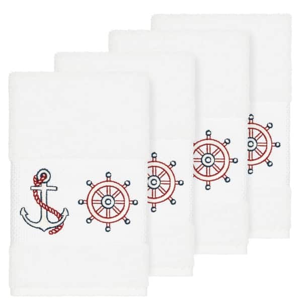 Authentic Hotel and Spa Turkish Cotton Nautical Embroidered White 4-piece  Hand Towel Set - Bed Bath & Beyond - 22355520