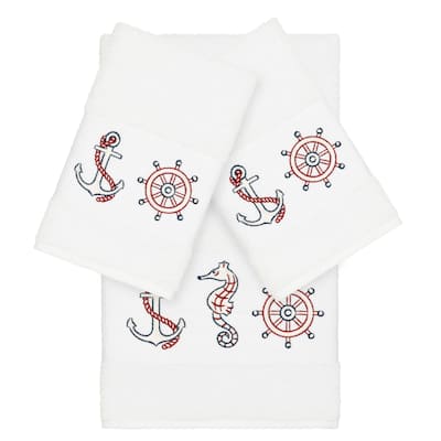 Authentic Hotel and Spa Turkish Cotton Nautical Embroidered White 3-piece Towel Set