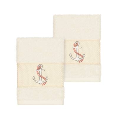 Authentic Hotel and Spa Turkish Cotton Nautical Embroidered Cream 2-piece Washcloth Set