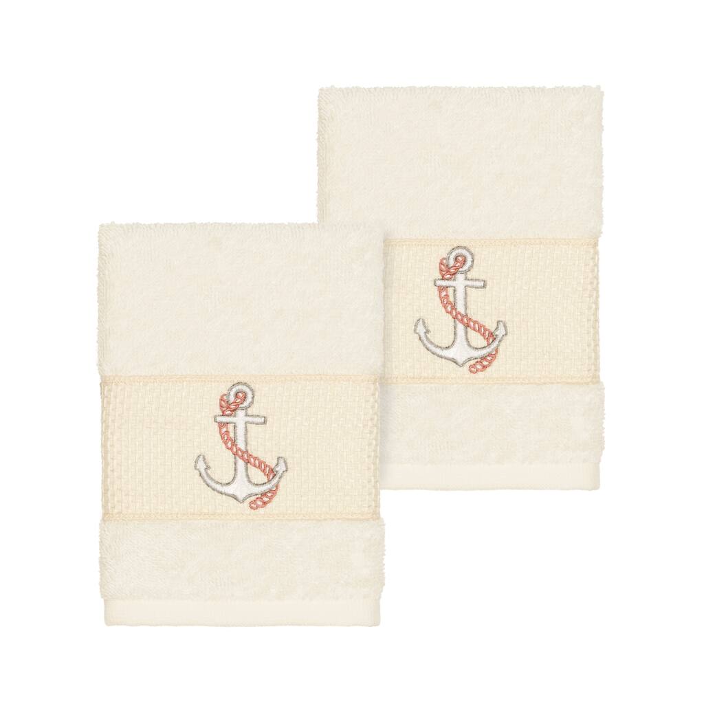 Authentic Hotel and Spa Turkish Cotton Nautical Embroidered Cream 2-piece Washcloth Set