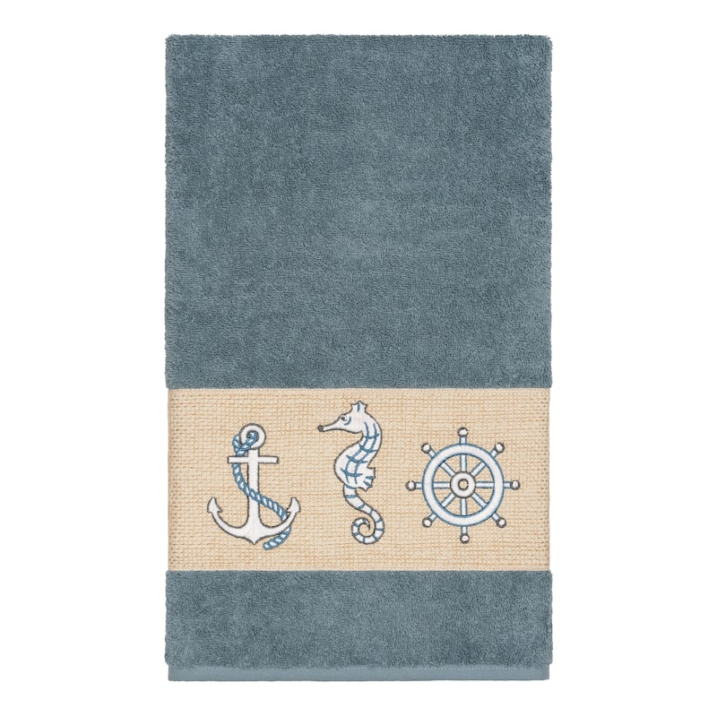 Authentic Hotel and Spa Turkish Cotton Nautical Embroidered Teal Blue Bath Towel - Teal