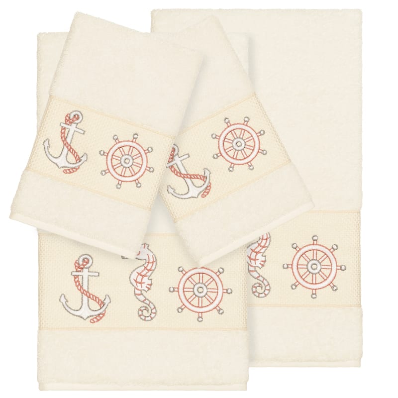 Authentic Hotel and Spa Turkish Cotton Nautical Embroidered Cream 4-piece Towel Set