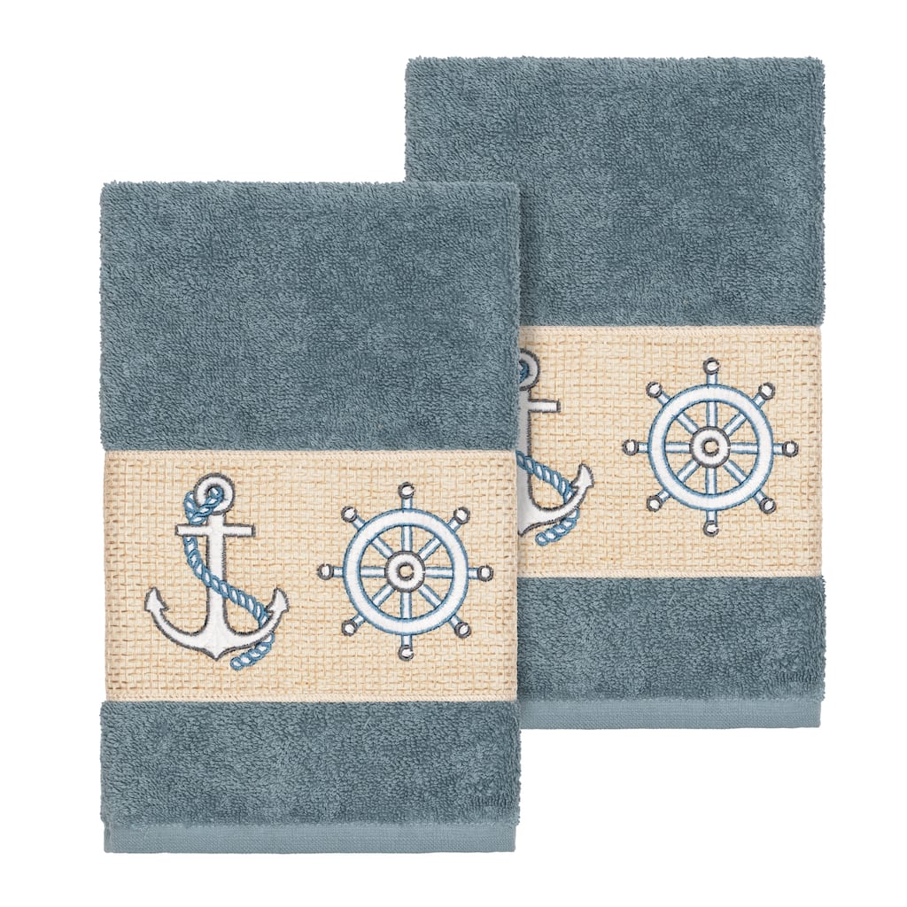Authentic Hotel and Spa Turkish Cotton Nautical Embroidered Teal Blue 2-piece Towel Hand Set