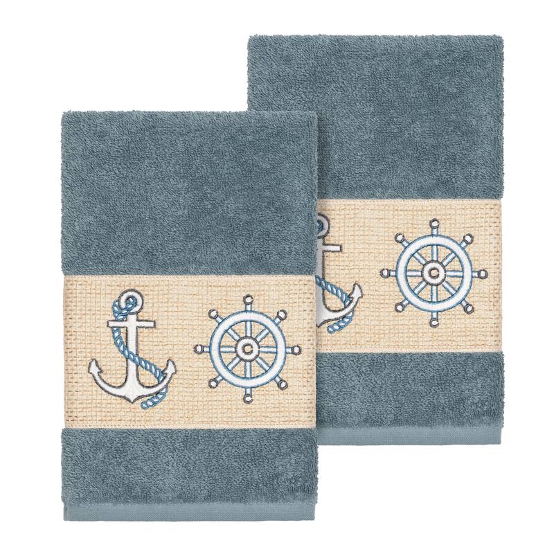 Authentic Hotel and Spa Turkish Cotton Nautical Embroidered Teal Blue 2-piece Towel Hand Set