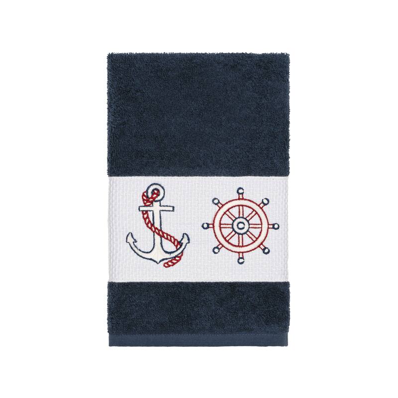 Authentic Hotel and Spa Turkish Cotton Nautical Embroidered Midnight Blue Hand Towel