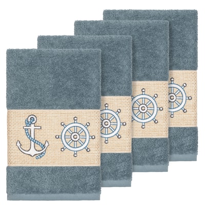 Authentic Hotel and Spa Turkish Cotton Nautical Embroidered Teal Blue 4-piece Hand Towel Set