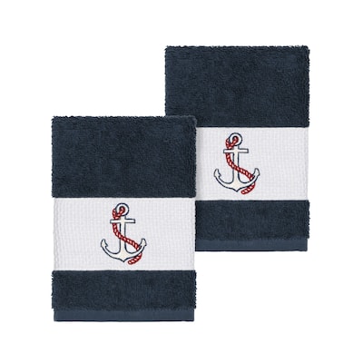 Authentic Hotel and Spa Turkish Cotton Nautical Embroidered Midnight Blue 2-piece Washcloth Set