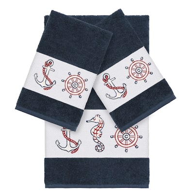 Authentic Hotel and Spa Turkish Cotton Nautical Embroidered Midnight Blue 3-piece Towel Set