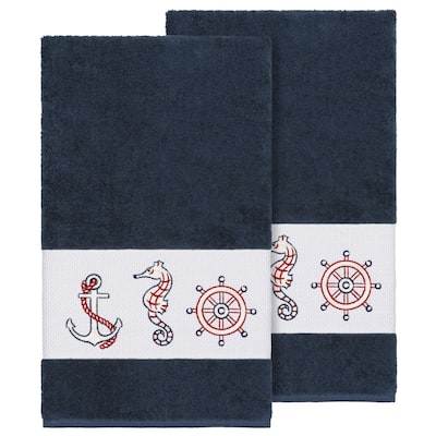 Authentic Hotel and Spa Turkish Cotton Nautical Embroidered Midnight Blue 2-piece Bath Towel Set