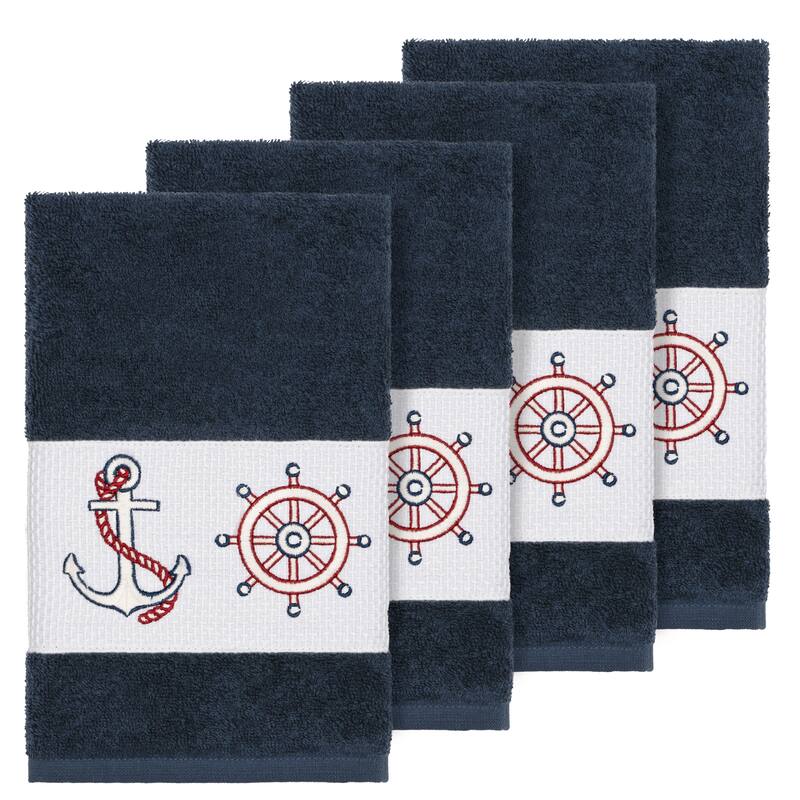 Authentic Hotel and Spa Turkish Cotton Nautical Embroidered Midnight Blue 4-piece Hand Towel Set
