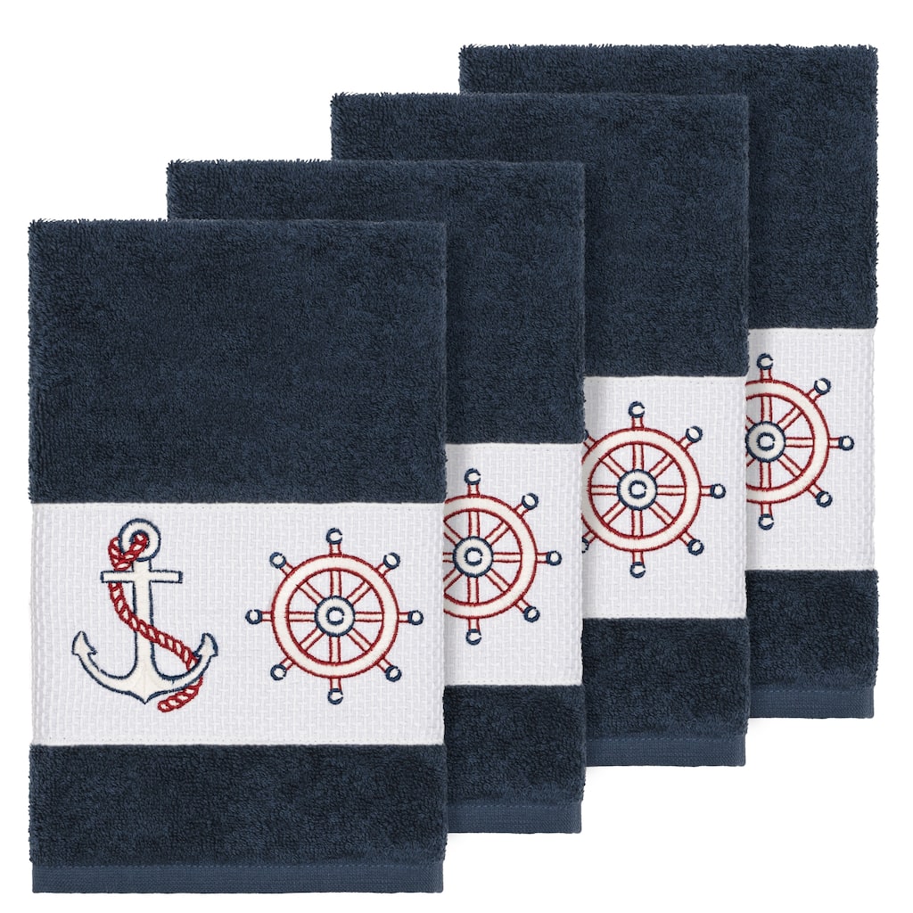 Authentic Hotel and Spa Turkish Cotton Nautical Embroidered Midnight Blue 4-piece Hand Towel Set