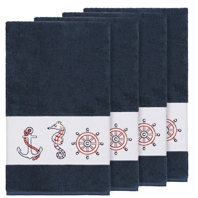 Authentic Hotel and Spa Turkish Cotton Nautical Embroidered Midnight Blue 4-piece Bath Towel Set