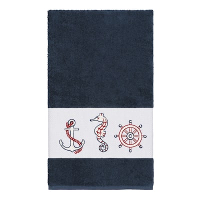 Authentic Hotel and Spa Turkish Cotton Nautical Embroidered Midnight Blue Bath Towel