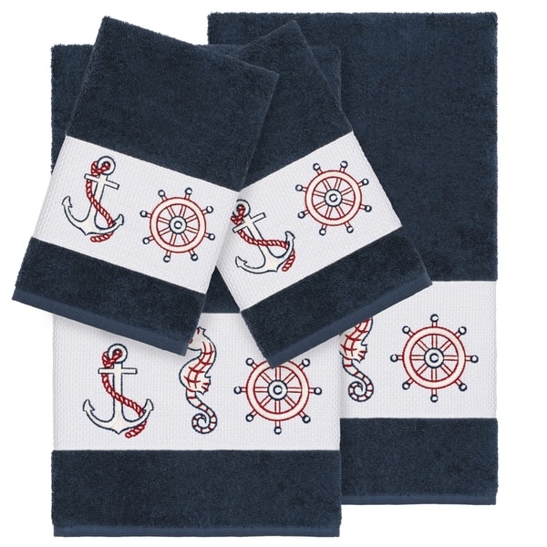 slide 1 of 5, Authentic Hotel and Spa Turkish Cotton Nautical Embroidered Midnight Blue 4-piece Towel Set