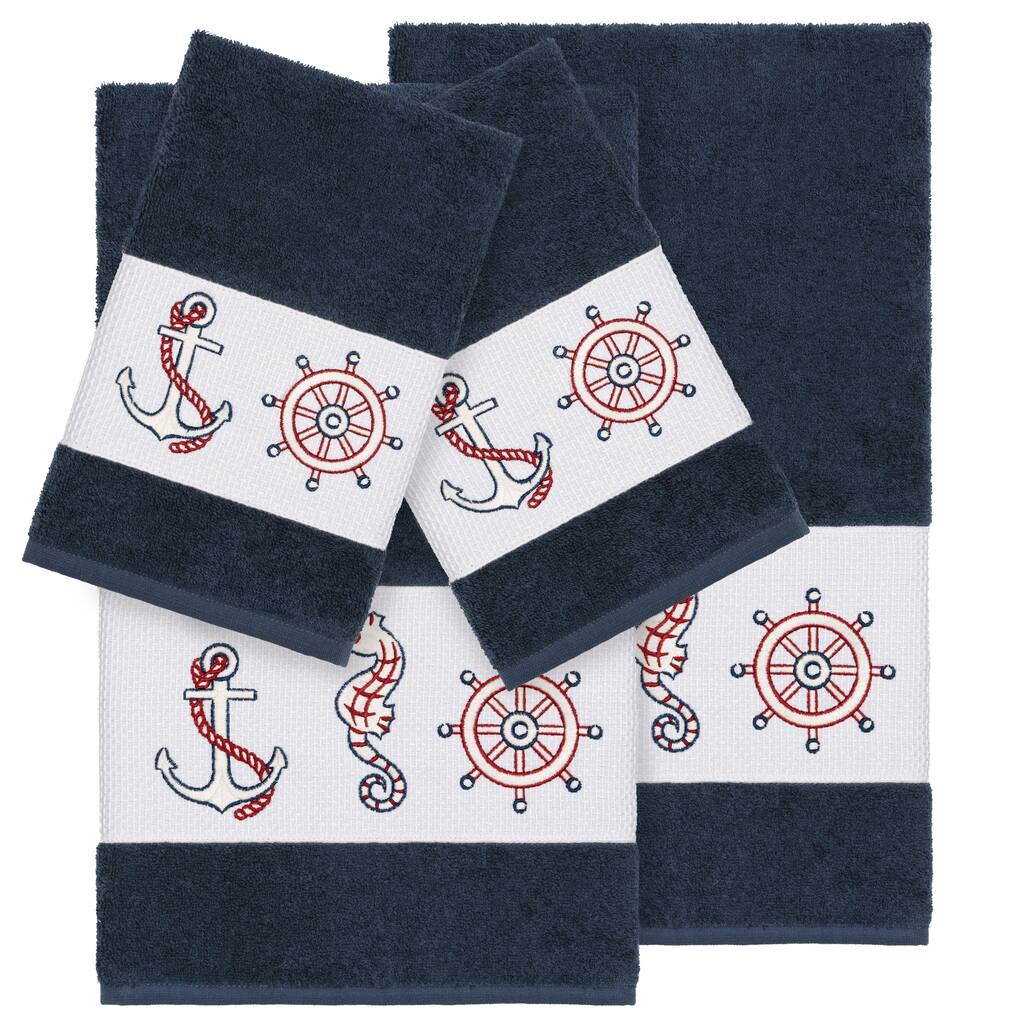 Authentic Hotel and Spa Turkish Cotton Nautical Embroidered Midnight Blue 4-piece Towel Set