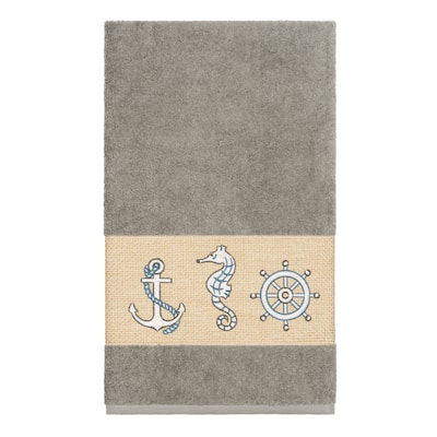 Authentic Hotel and Spa Turkish Cotton Nautical Embroidered Dark Grey Bath Towel