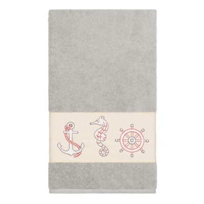 Authentic Hotel and Spa Turkish Cotton Nautical Embroidered Light Grey Bath Towel