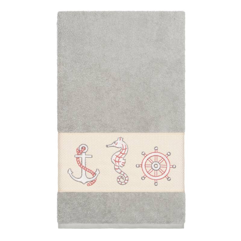 Authentic Hotel and Spa Turkish Cotton Nautical Embroidered Light Grey Bath Towel