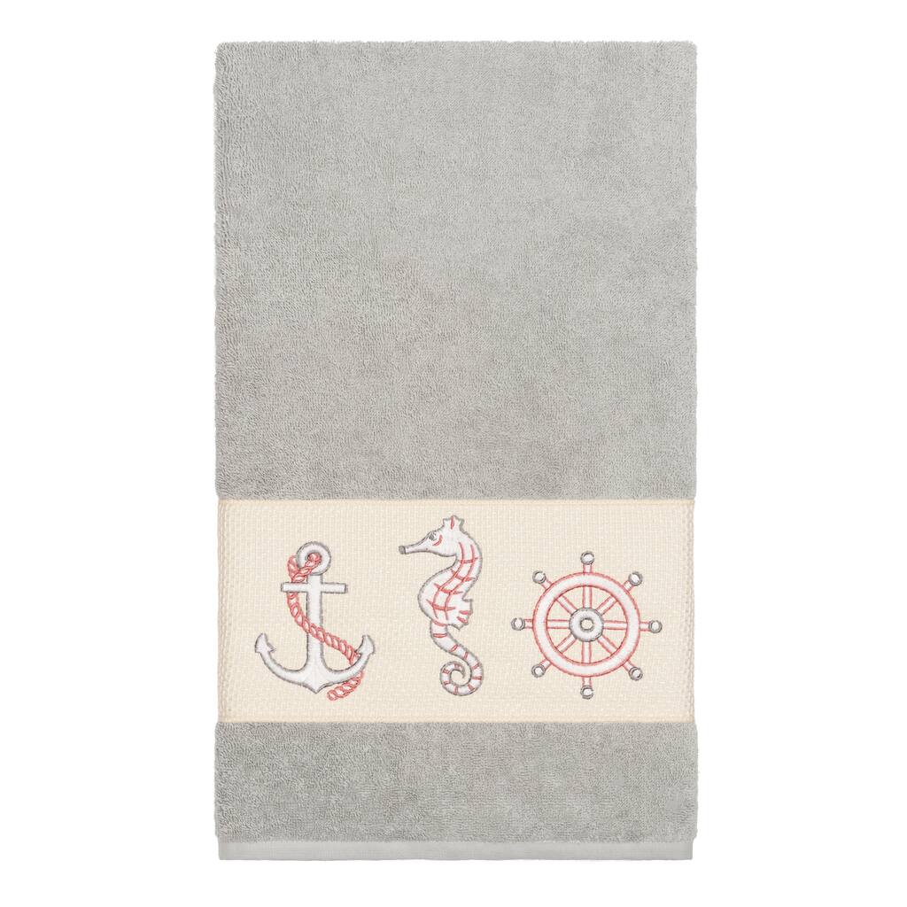 Authentic Hotel and Spa Turkish Cotton Nautical Embroidered Light Grey Bath Towel