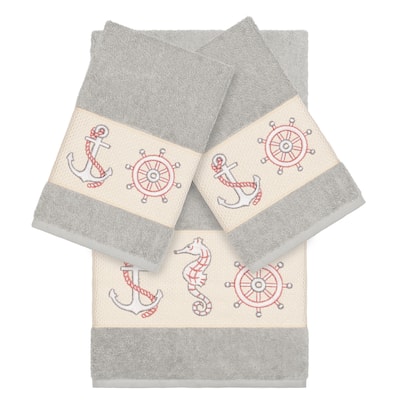 Authentic Hotel and Spa Turkish Cotton Nautical Embroidered Light Grey 3-piece Towel Set