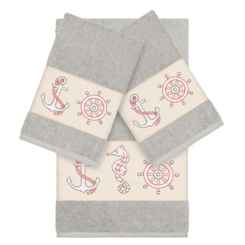 Authentic Hotel and Spa Turkish Cotton Nautical Embroidered Light Grey 3-piece Towel Set