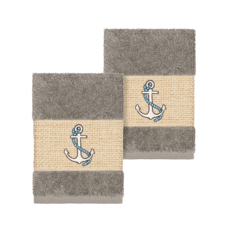Authentic Hotel and Spa Turkish Cotton Nautical Embroidered Dark Grey 2-piece Washcloth Set