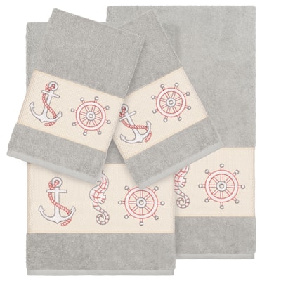 Authentic Hotel and Spa Turkish Cotton Nautical Embroidered Light Grey 4-piece Towel Set