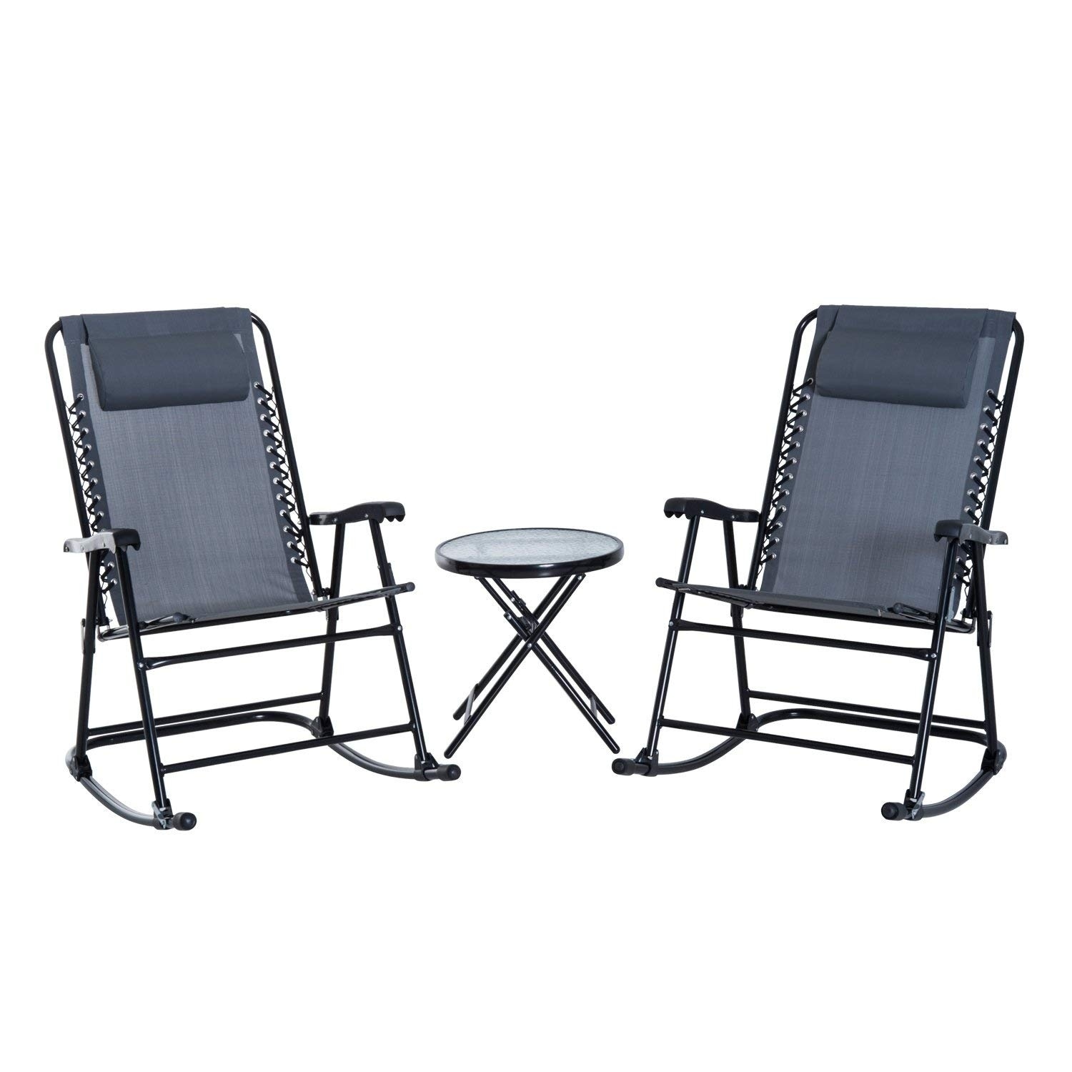 outsunny 3 piece folding rocking chair patio dining table set with 2  rocking chairs  a round coffee table grey