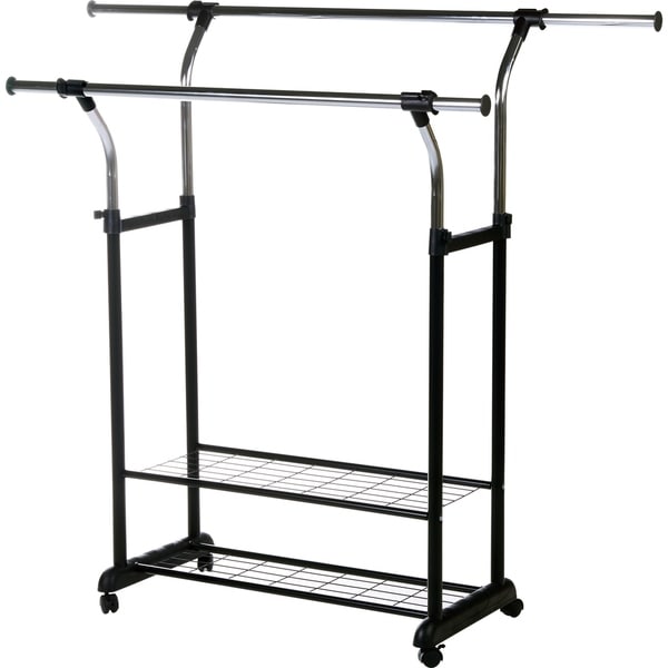 InStyleDesign Mobile Double Rail Clothes Rack With Utility Shelves