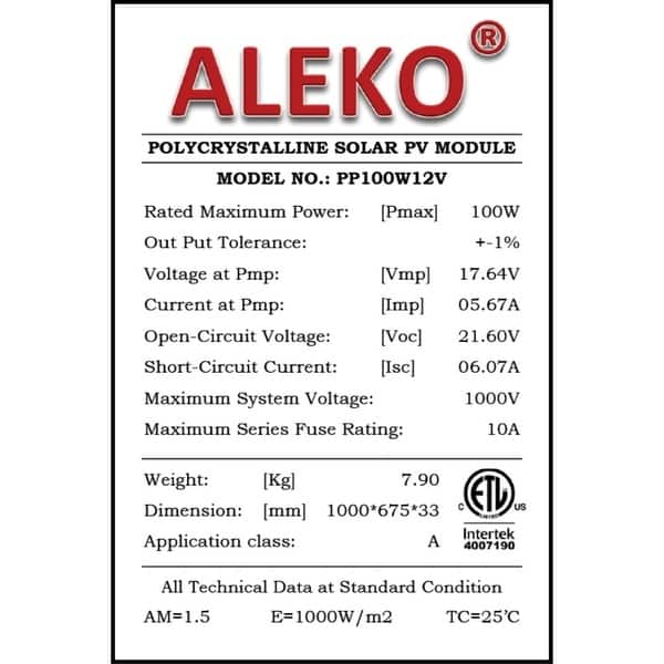 Aleko Etl Polycrystalline Modules Solar Panel 100w 12v