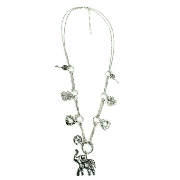 Elephant Heart Cloves Key Crystal Charms Long Necklace And Owl Elephant Heart Cloves Key Crystal Charms Long Necklace And Owl Earrings Set