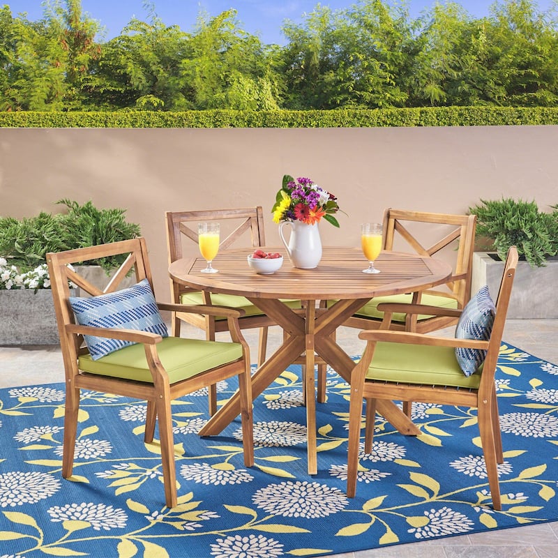 Llano Outdoor 5 Piece Acacia Wood Dining Set by Christopher Knight Home - Teak And Green