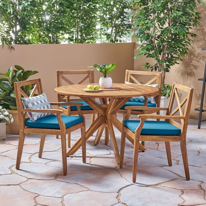 Llano Outdoor 5 Piece Acacia Wood Dining Set by Christopher Knight Home - Teak + Blue Cushion