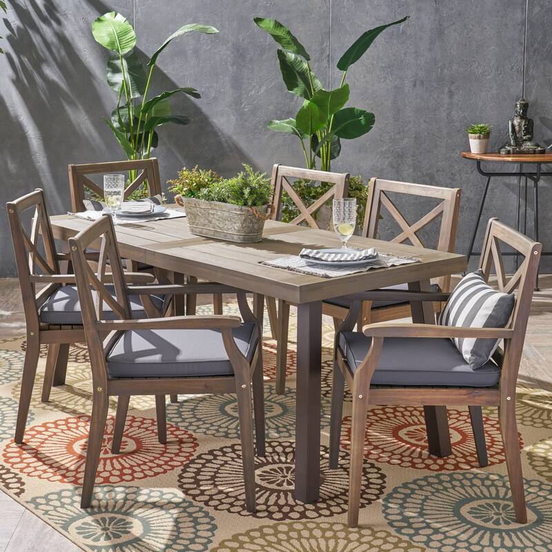 Juniper Outdoor 7 Piece Acacia Wood Dining Set by Christopher Knight Home - grey +dark grey+ rustic metal