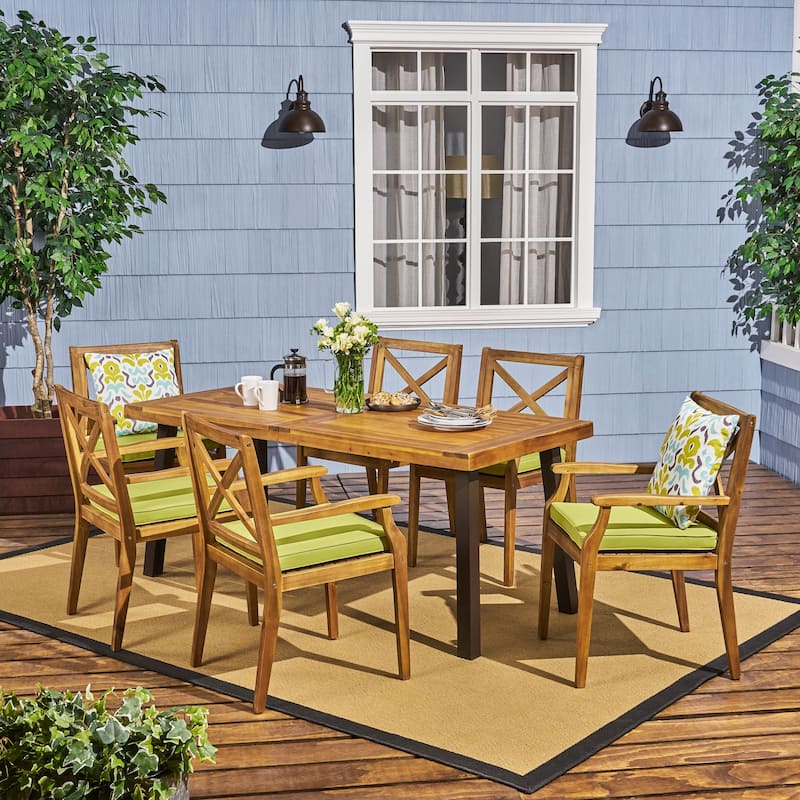 Juniper Outdoor 7 Piece Acacia Wood Dining Set by Christopher Knight Home - teak finish + green cushion