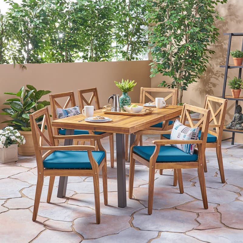 Juniper Outdoor 7 Piece Acacia Wood Dining Set by Christopher Knight Home - teak + rustic metal + blue